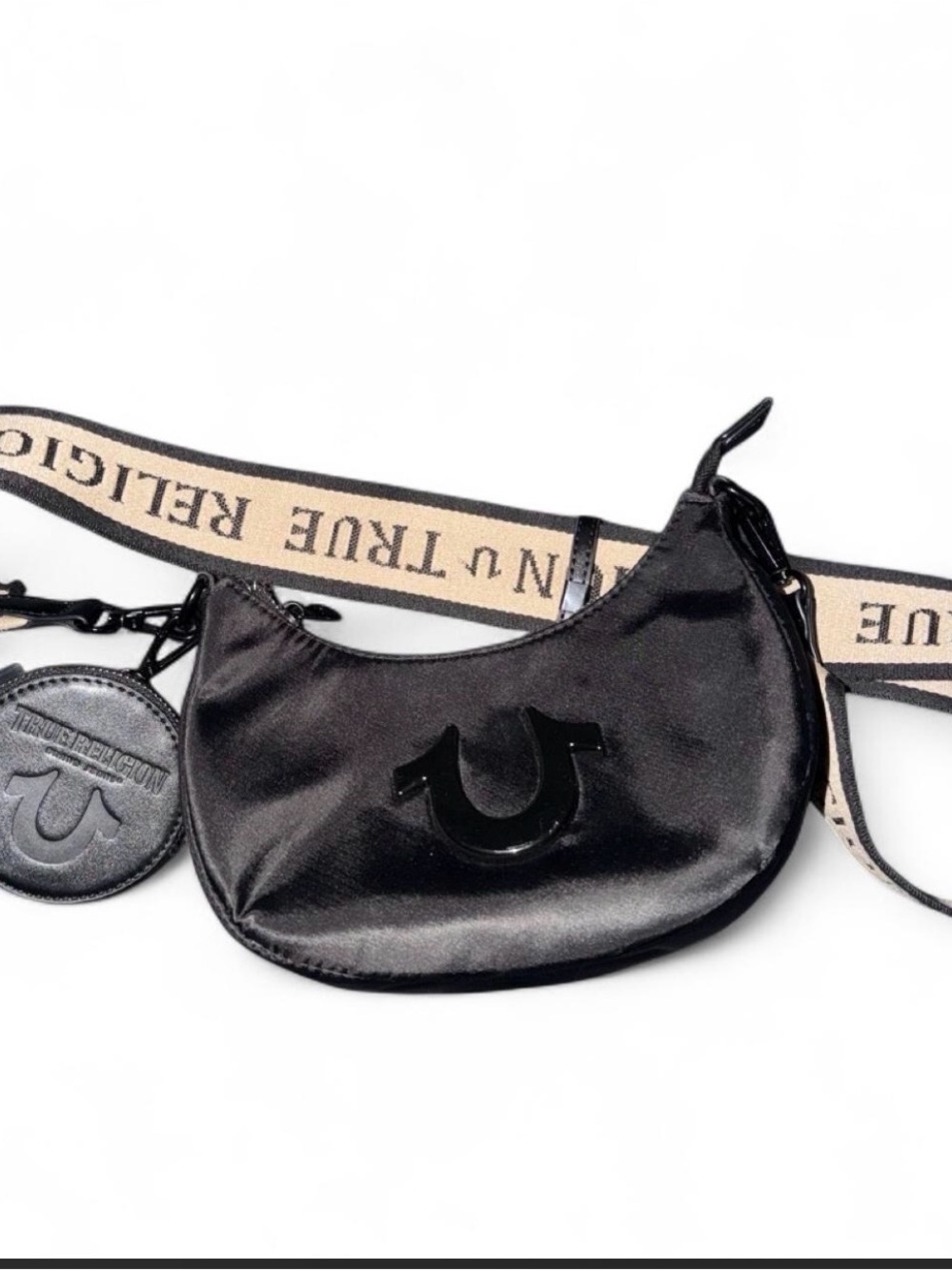 True Religion Black Mini Crossbody with Branded Beige Strap